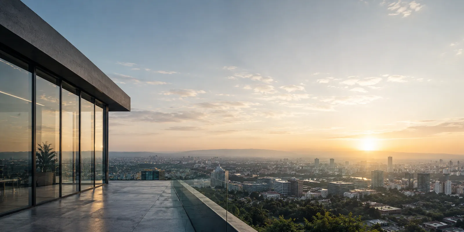 Terasă pe acoperiș cu panoramă asupra orașului la apus