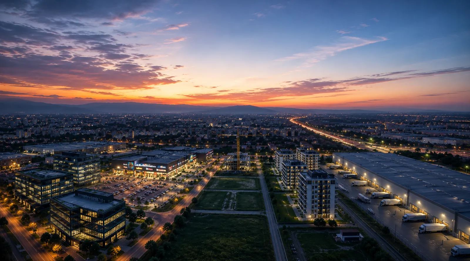 Vedere aeriană asupra unui parc de afaceri la apus