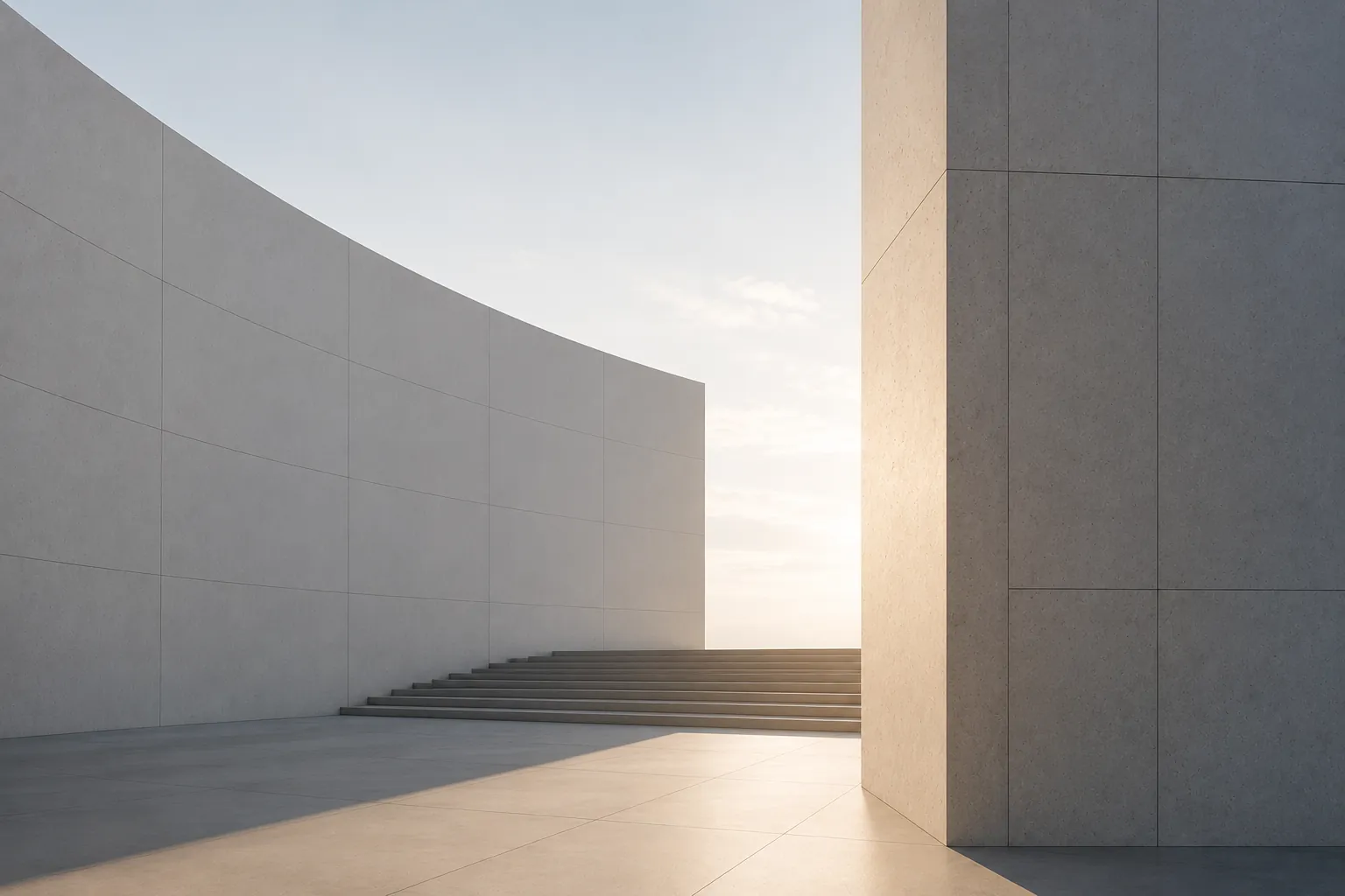 Arhitectură minimalistă din beton, cu trepte către lumina apusului