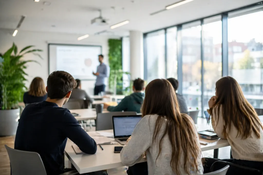 spatiu educational modern tip seminar cu studenti si prezentare
