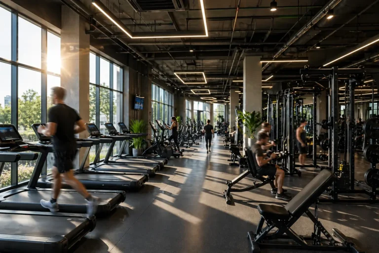 spatiu fitness modern cu activitate si echipamente intr-un cadru urban